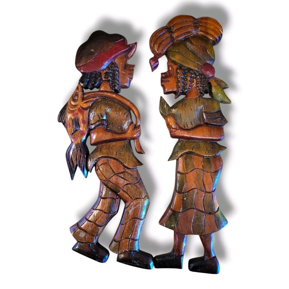 Vintage Wooden Hand Carved Jamaican Man & Women Wall Art  Pre-owned